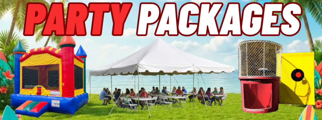 Backyard Party Package in Myrtle Beach featuring bounce house combo with slide, 4 tables and 24 chairs by Pumped Up Inflatables